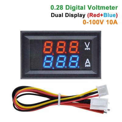 DC 0-100V 10A डिजिटल वोल्ट एम्प मीटर एसी 0.28&quot; लाल नीला ड्राइव आईसी