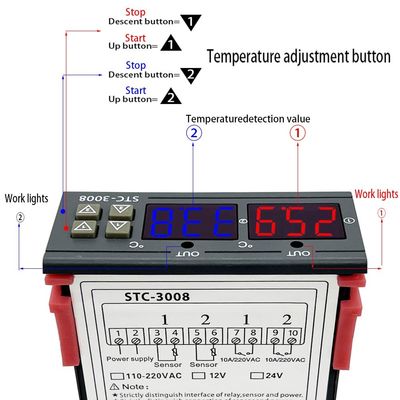 STC-3008 डिजिटल थर्मामीटर नियंत्रक दो रिले आउटपुट जांच 12V 24V 220V के साथ
