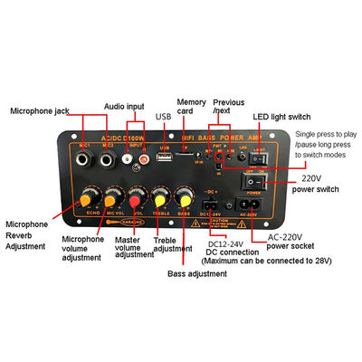 D100W ब्लूटूथ 5.0 पावर एम्पलीफायर बोर्ड AC 220V DC 12-24V 5V वायरलेस मॉड्यूल 8-12 इंच के लिए