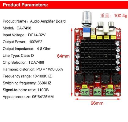 CA-7498 DC14-34V डबल चैनल एम्पलीफायर बोर्ड क्लास D 2*100W स्मार्ट इलेक्ट्रॉनिक्स TDA7498