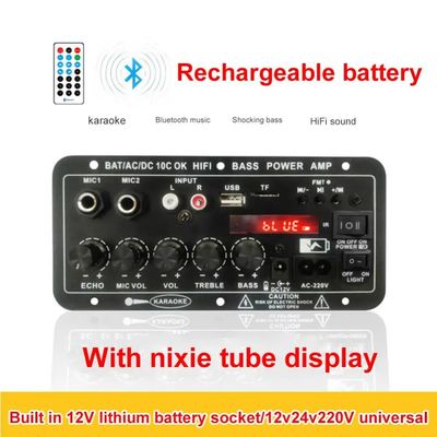 24V/220V कार एम्पलीफायर 120W पावर डुअल माइक्रोफोन और सबवूफर और कराओके के लिए ब्लूटूथ के साथ मोनो ऑडियो एम्पलीफायर