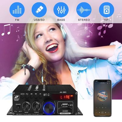 AK-380 यूएसबी एसडी ऑडियो पावर एम्पलीफायर 400W 2.0 CH HiFi स्टीरियो एएमपी स्पीकर घर के लिए रिमोट कंट्रोल के साथ ब्लूटूथ 5.0 एएमपी रिसीवर