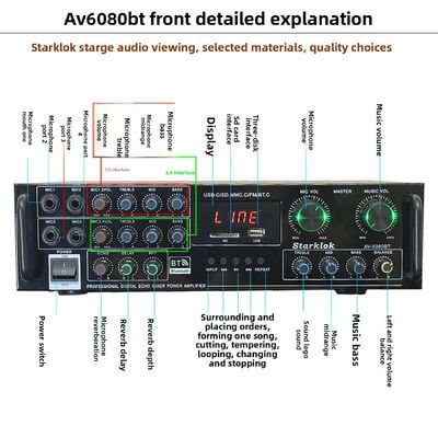 AV-6080BT 1000W 7-चैनल फिक्स्ड इम्पेडेंस एम्पलीफायर होम कार मेटल रिसीवर USB फ्लैश SD कार्ड BT वायरलेस प्लेयर ग्लोबल