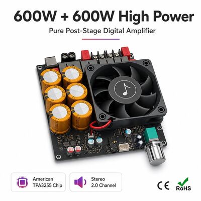600W+600W डुअल TPA3255 एम्पलीफायर बोर्ड फैन कूलिंग क्लास डी स्टीरियो एम्पलीफायर बोर्ड DC18-50V